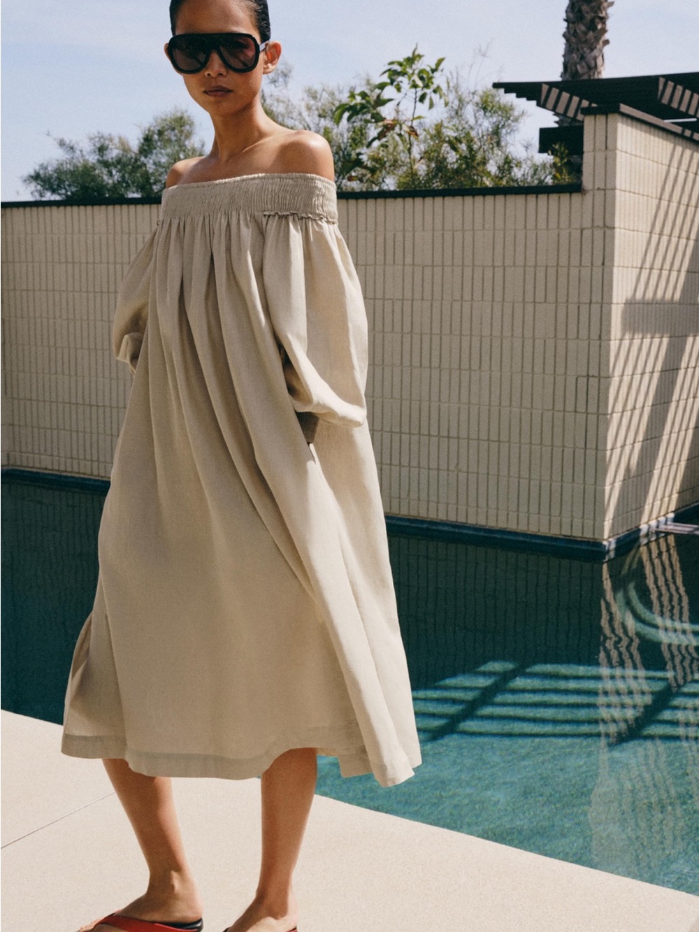 NWT 2026 Zara 100% Linen Off Shoulder Midi Dress | XS | Quiet Luxury | Resor